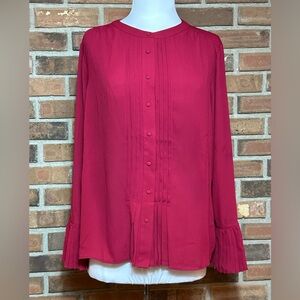 White House Black Market Petite 14 Red Button Front Pleat Cuff Blouse